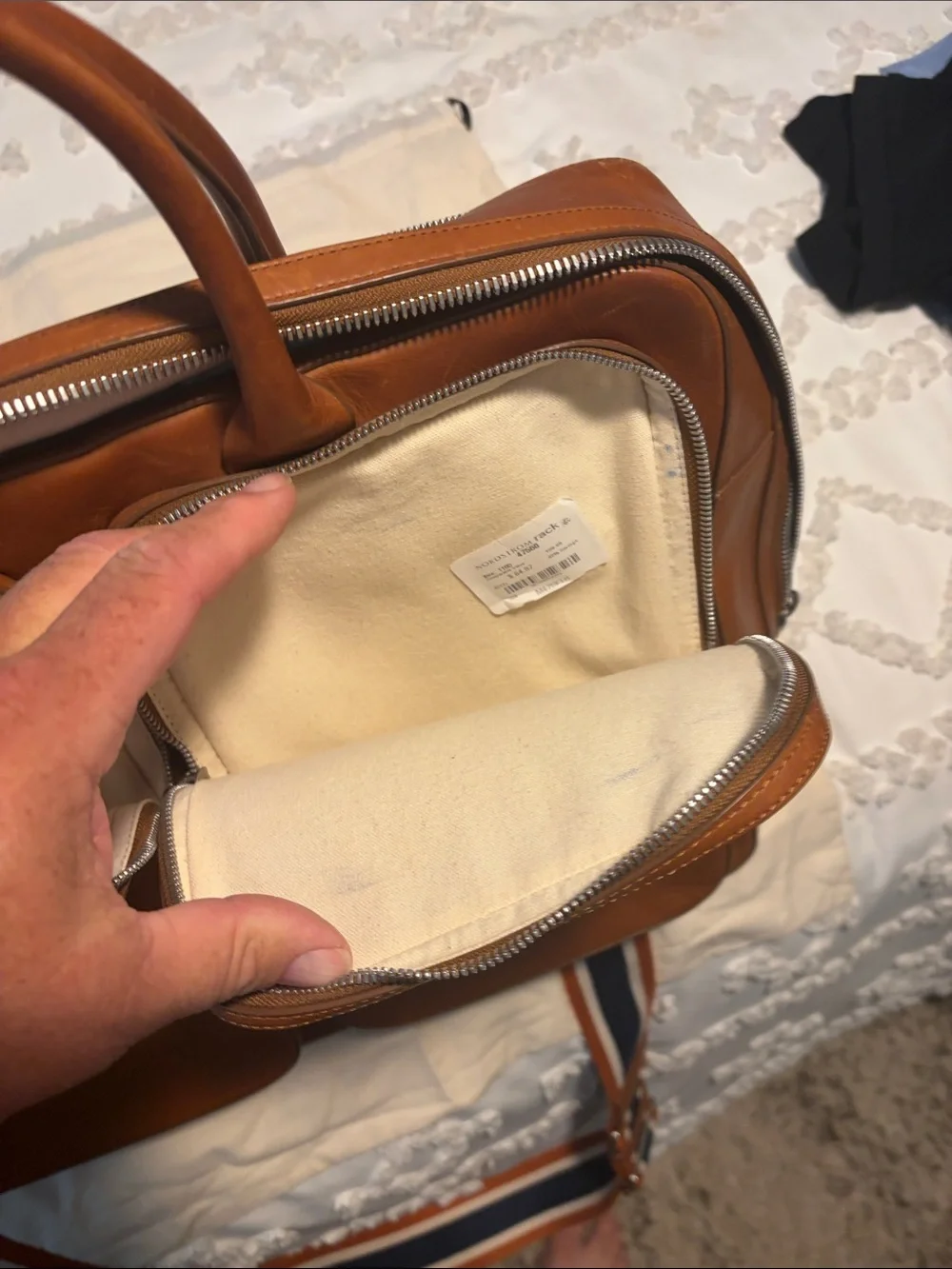 Shinola Cognac Leather Briefcase with Striped Shoulder Strap